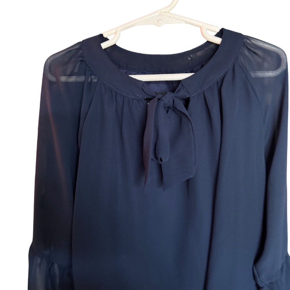 Un Deux Trois Navy Blouse Tie Neck Long Sleeve Sheer Top Size 10 - Picture 3 of 4